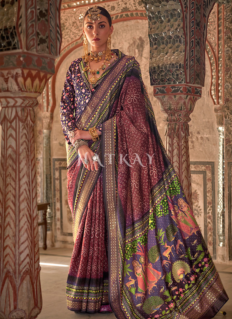 Maroon Ikat Printed Patola Silk Saree