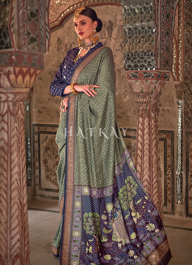 Light Green Ikat Printed Patola Silk Saree