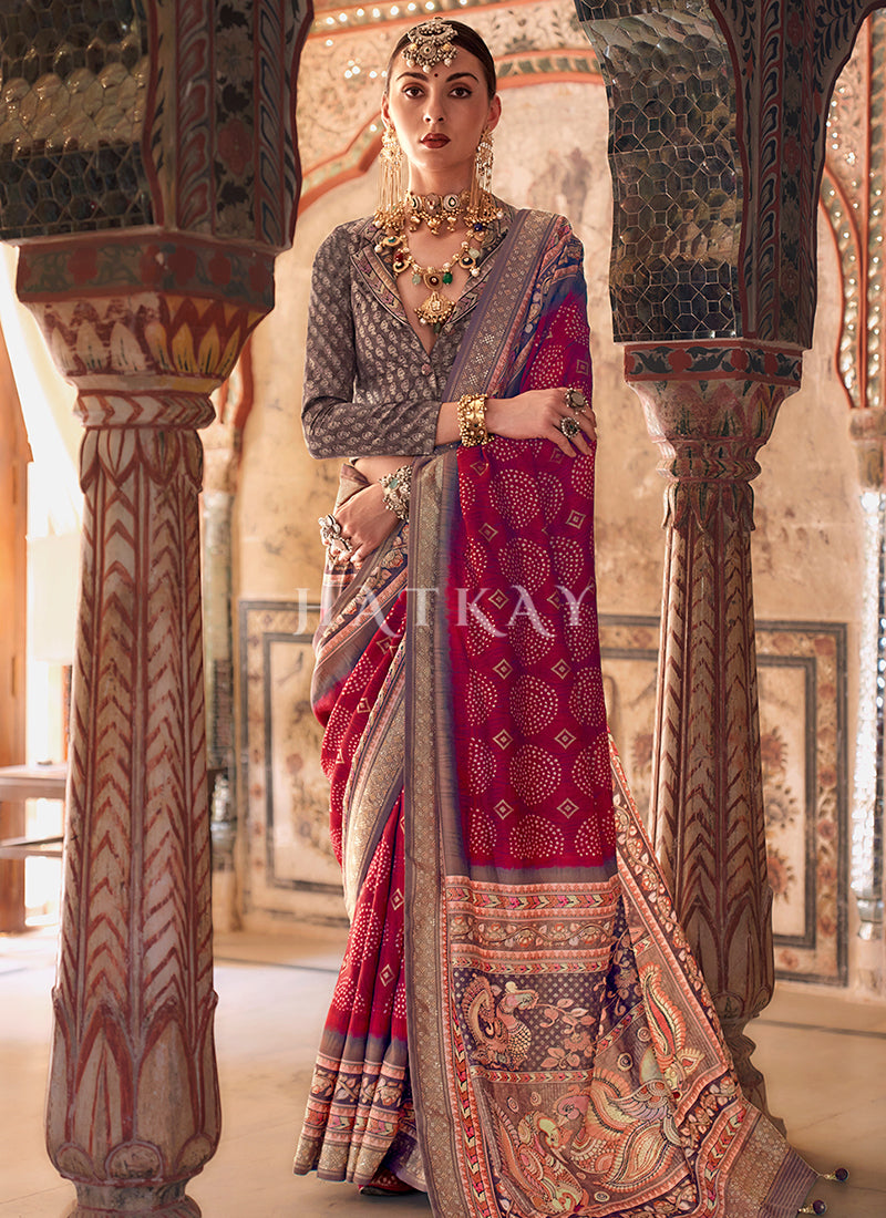 Rani Pink Ikat Printed Patola Silk Saree