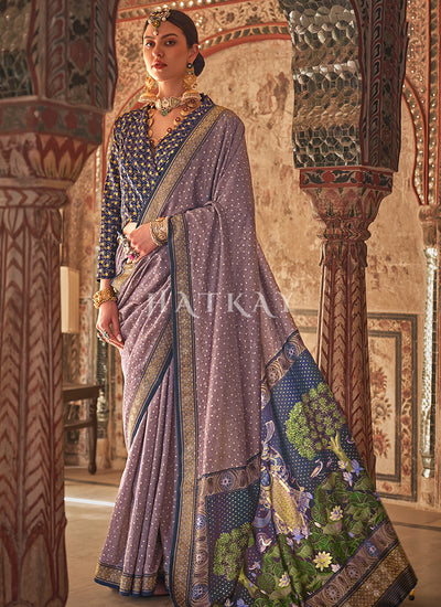 Lavender Ikat Printed Patola Silk Saree