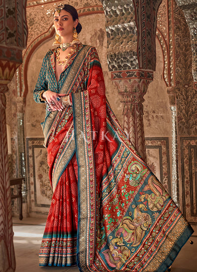 Red Ikat Printed Patola Silk Saree
