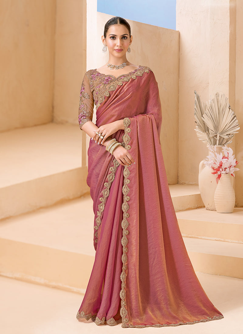 Dusty Pink And Mauve Embroidered Georgette Saree