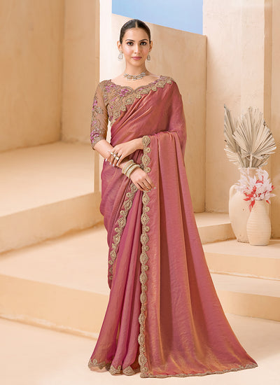 Dusty Pink And Mauve Embroidered Georgette Saree