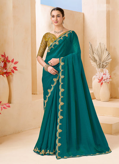 Teal And Mustard Embroidered Georgette Saree