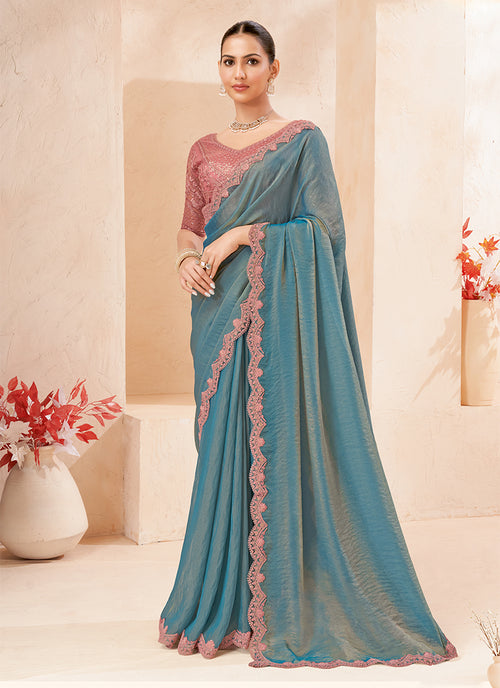 Aqua Blue And Pink Embroidered Georgette Saree