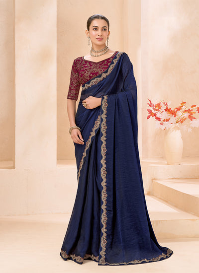 Royal Blue And Wine Embroidered Georgette Saree