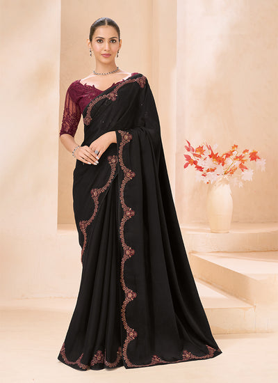 Black And Burgundy Embroidered Georgette Saree