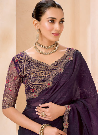 Plum Purple Embroidered Georgette Saree