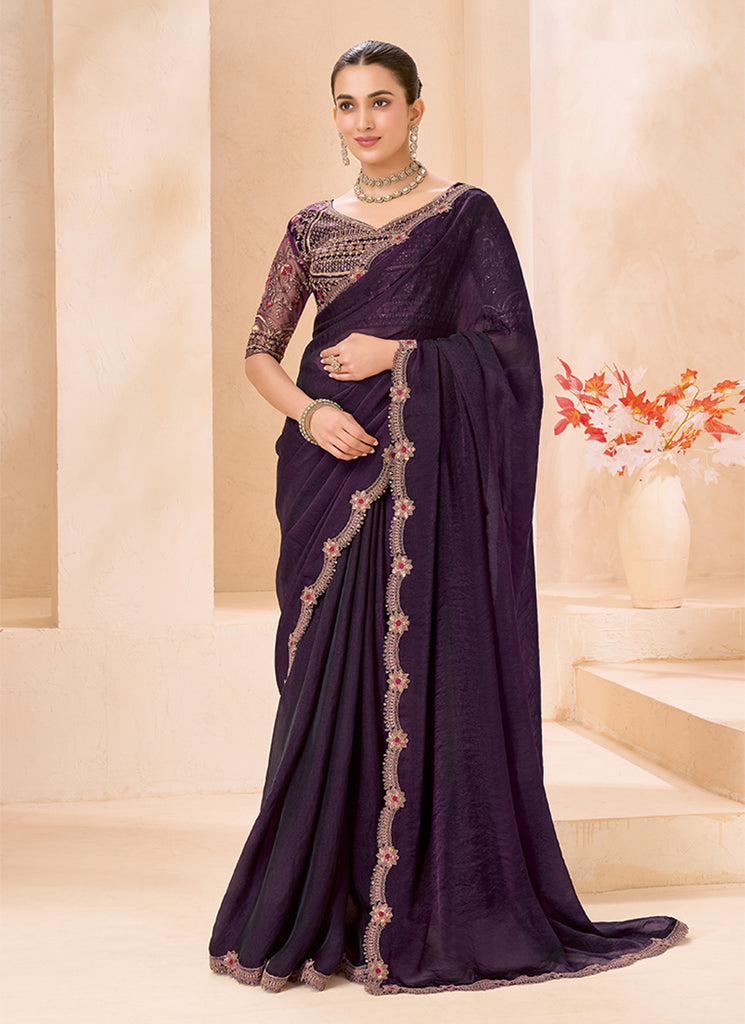 Plum Purple Embroidered Georgette Saree