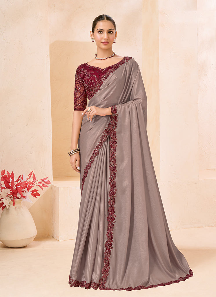 Grey And Maroon Embroidered Georgette Saree