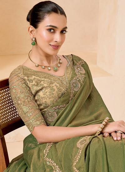 Olive Green And Beige Embroidered Georgette Saree