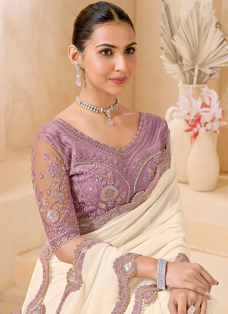 Buy White Embroidered Saree In UK