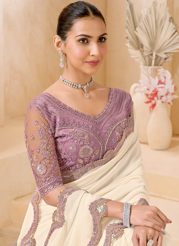 Buy White Embroidered Saree In UK