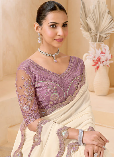 White And Lavender Embroidered Georgette Saree