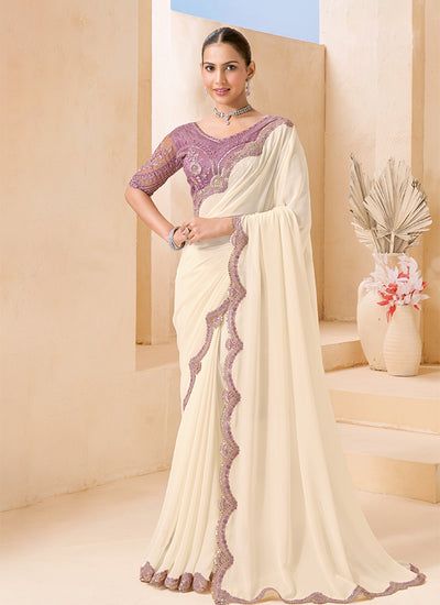 White And Lavender Embroidered Georgette Saree