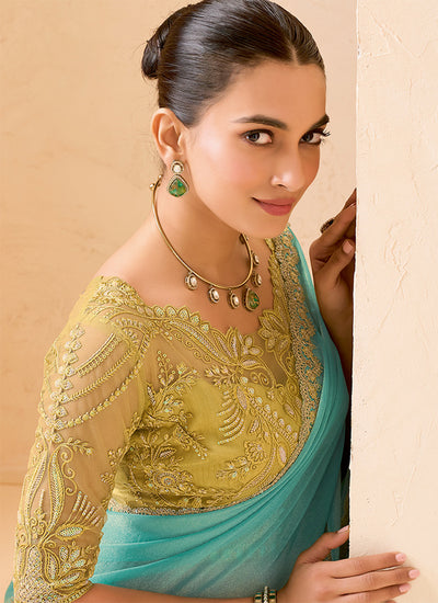 Aqua Mint And Mustard Embroidered Georgette Saree