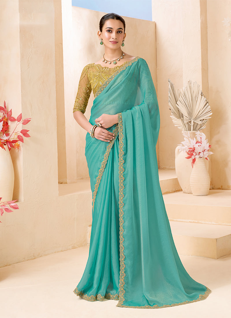 Aqua Mint And Mustard Embroidered Georgette Saree