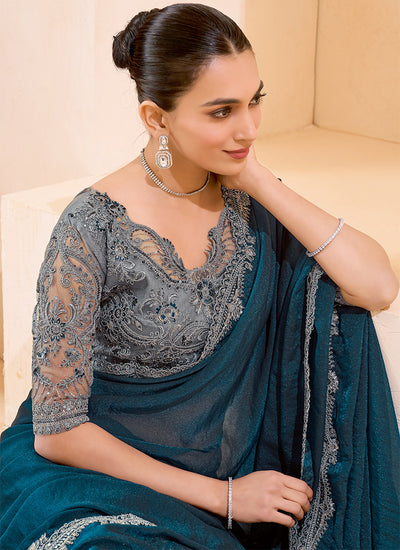 Teal Blue And Grey Embroidered Georgette Saree