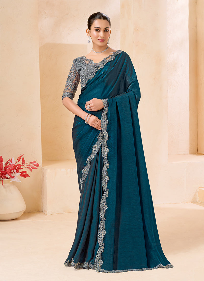 Teal Blue And Grey Embroidered Georgette Saree