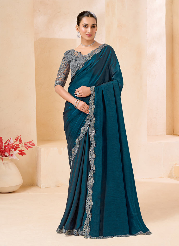 Teal Blue And Grey Embroidered Georgette Saree
