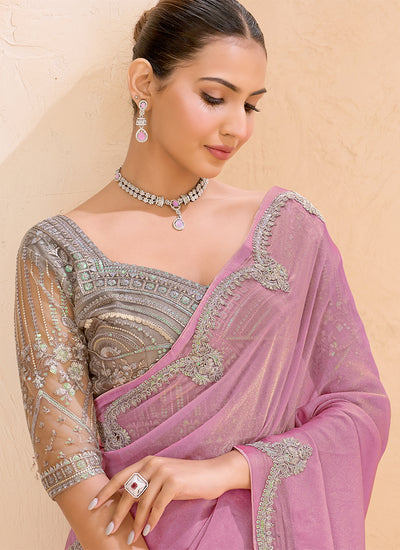 Baby Pink And Beige Embroidered Georgette Saree