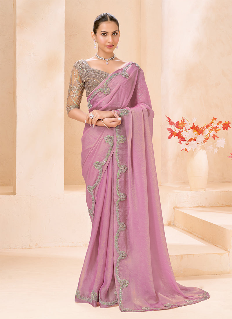 Baby Pink And Beige Embroidered Georgette Saree