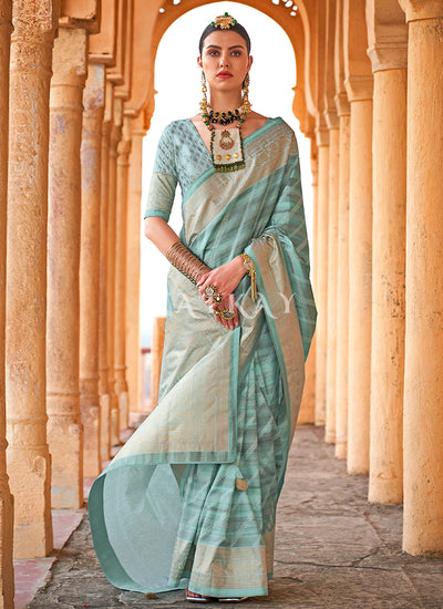 Sky Blue Digital Printed Silk Saree