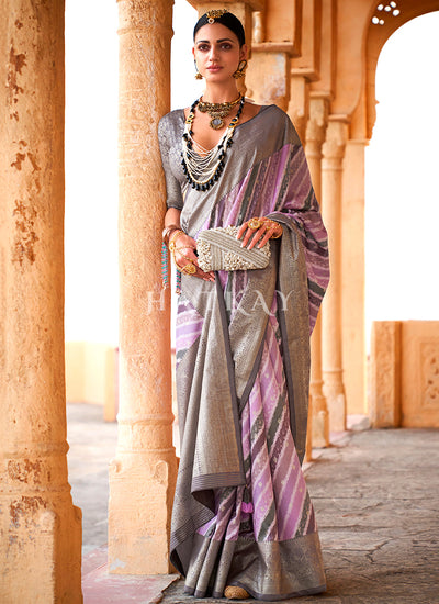 Purple And Grey Digital Printed Silk Saree