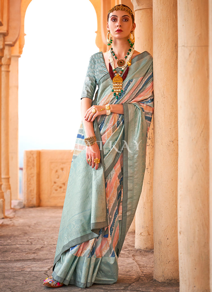 Sea Green Digital Printed Silk Saree