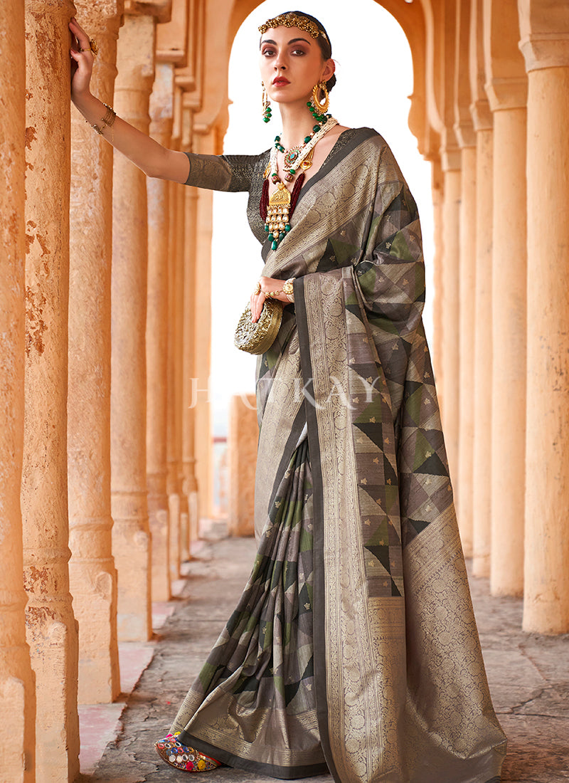 Olive Green Digital Printed Silk Saree