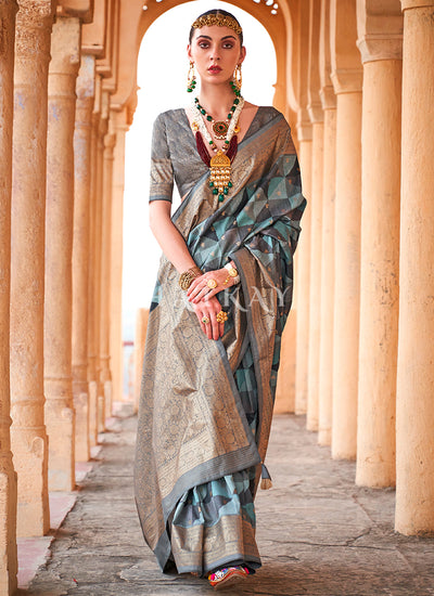 Blue Digital Printed Silk Saree