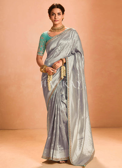 Silver Grey And Teal Embroidery Saree