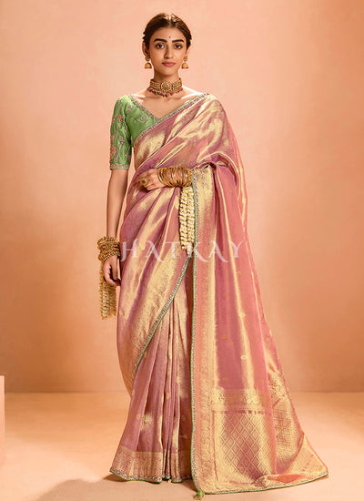 Pink And Green Embroidery Saree