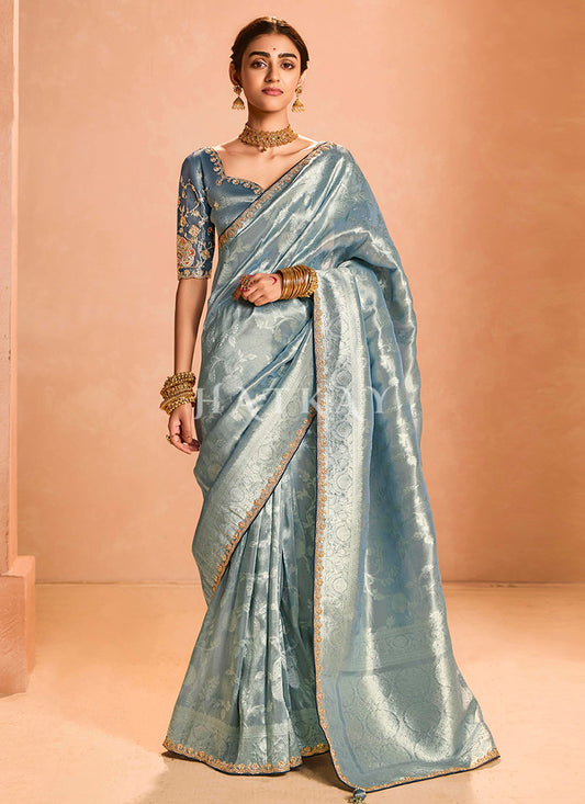 Mist Blue Embroidery Saree