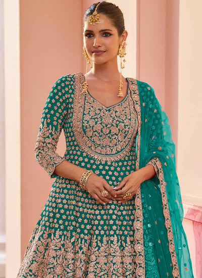 Sea Green Embroidered Anarkali Lehenga