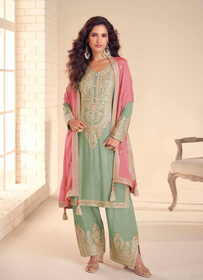 Sea Green and Pink Embroidered Farshi Shalwar Suit