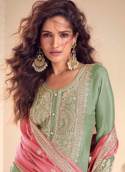 Sea Green and Pink Embroidered Farshi Shalwar Suit