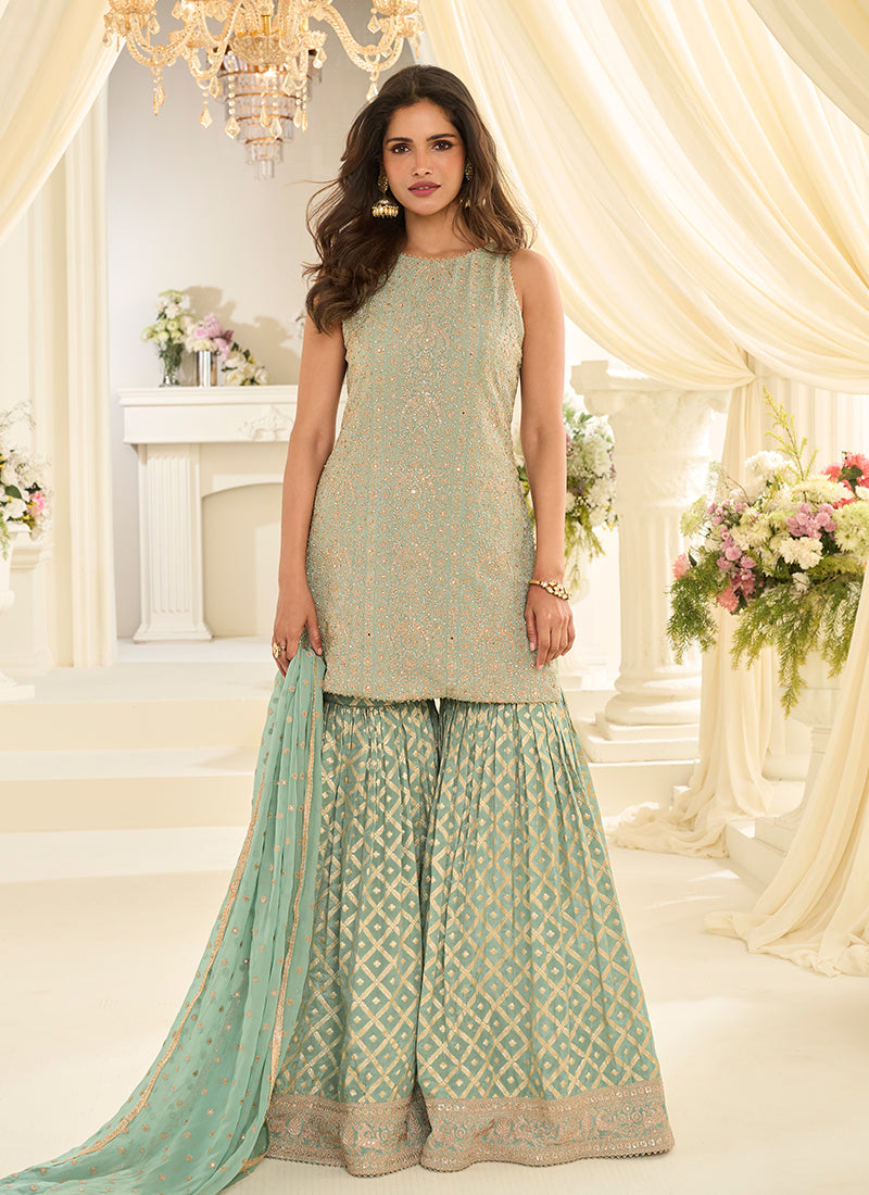 Sea Green Traditional Embroidered Gharara Style Suit