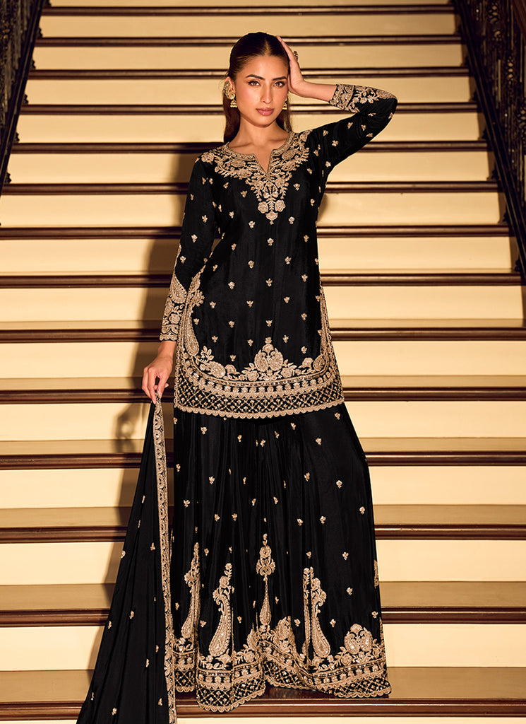 Black Embroidery Festive Wear Sharara Suit