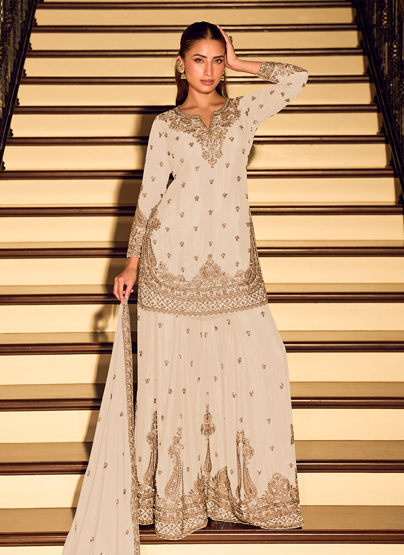 Off White Embroidered Festive Wear Sharara Suit