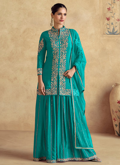 Turquoise Threadwork Embroidery Sharara Style Suit