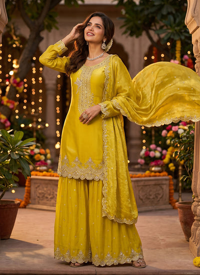 Yellow Embroidered Festive Sharara Suit