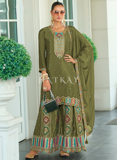 Sage Green Multi Embroidery Sharara Style Suit