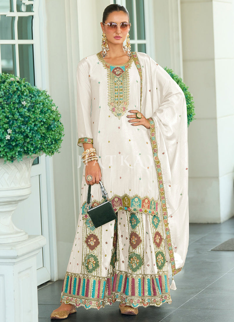 Off White Multi Embroidery Sharara Style Suit