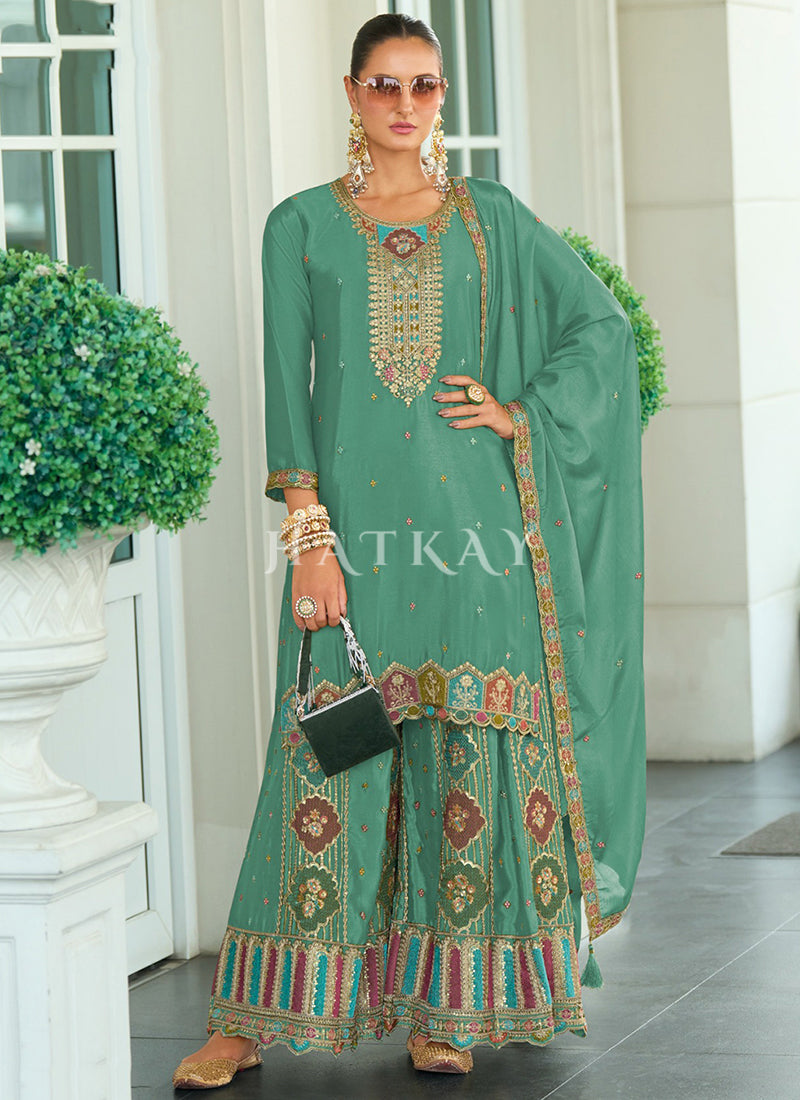 Teal Blue Multi Embroidery Sharara Style Suit