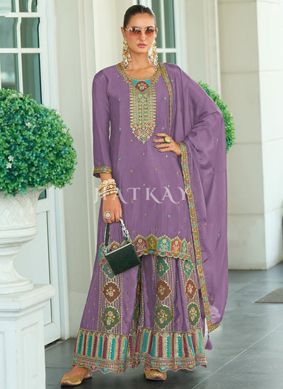Lavender Multi Embroidery Sharara Style Suit