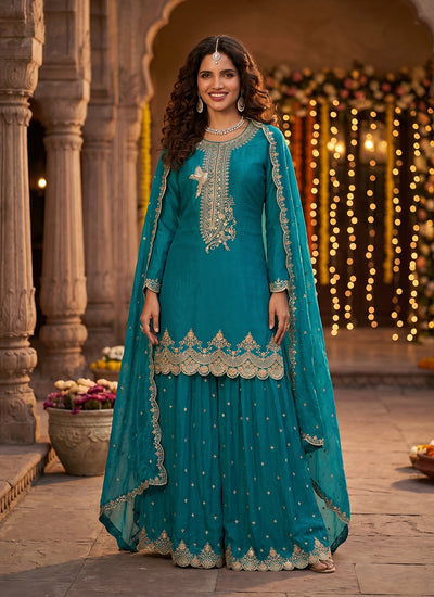 Turquoise Embroidered Festive Sharara Suit