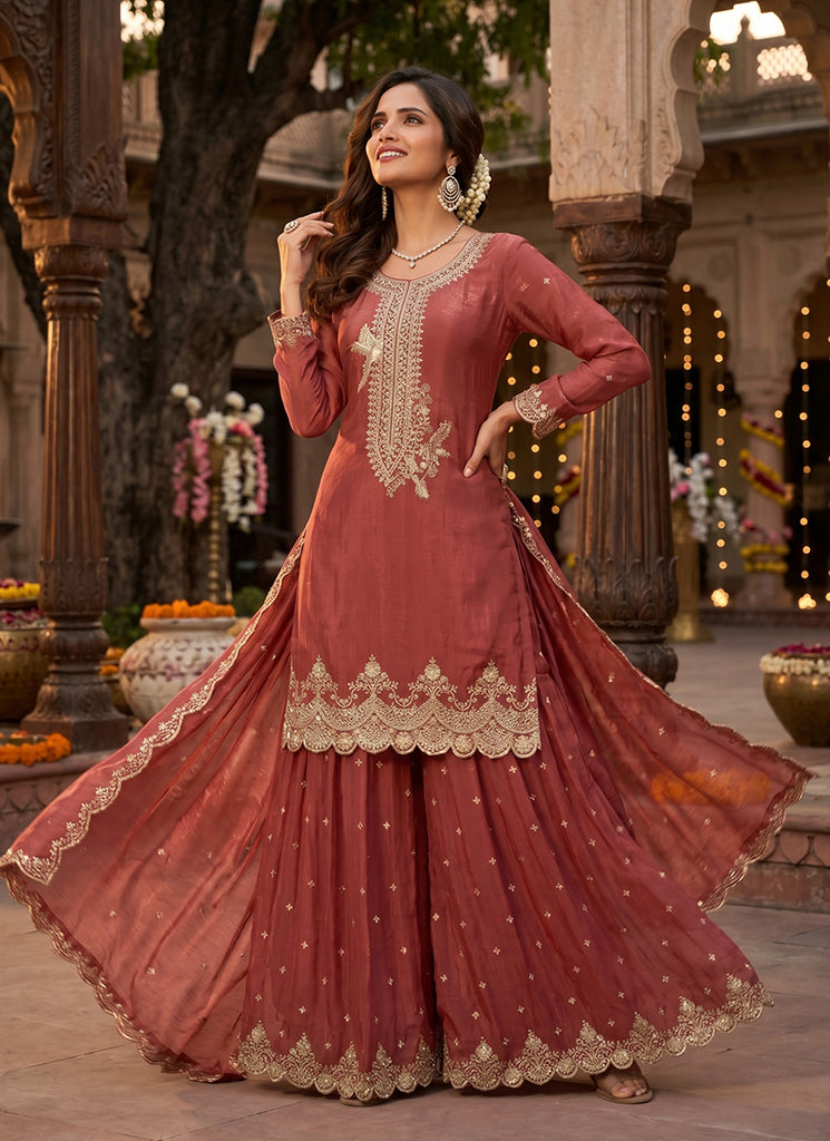Dusty Pink Embroidered Festive Sharara Suit