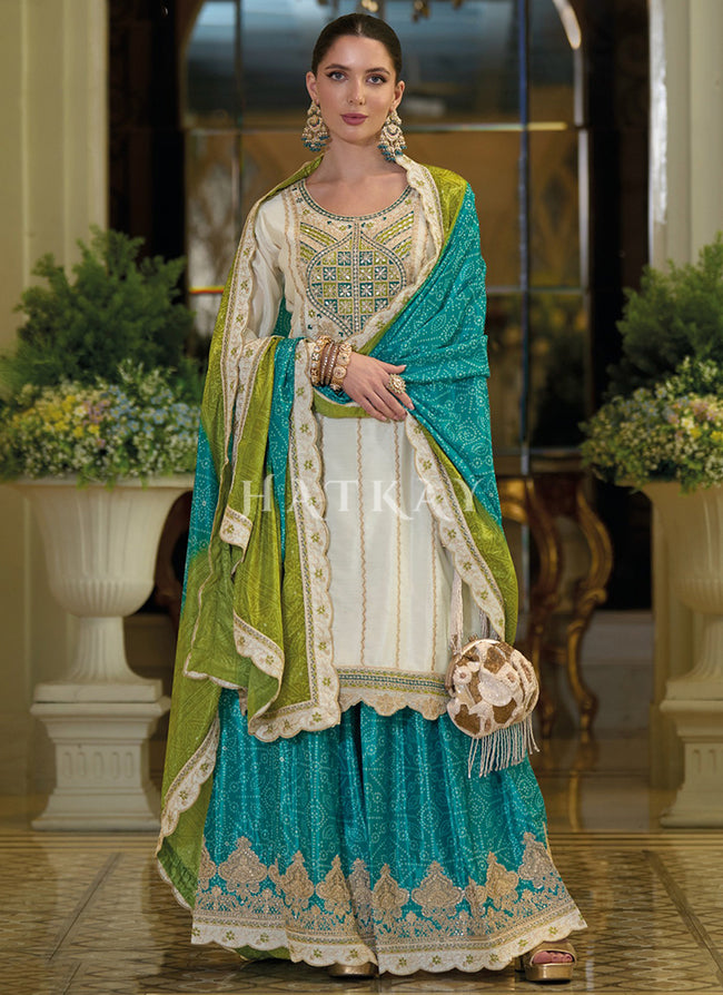 White And Turquoise Multi Embroidery Sharara Suit