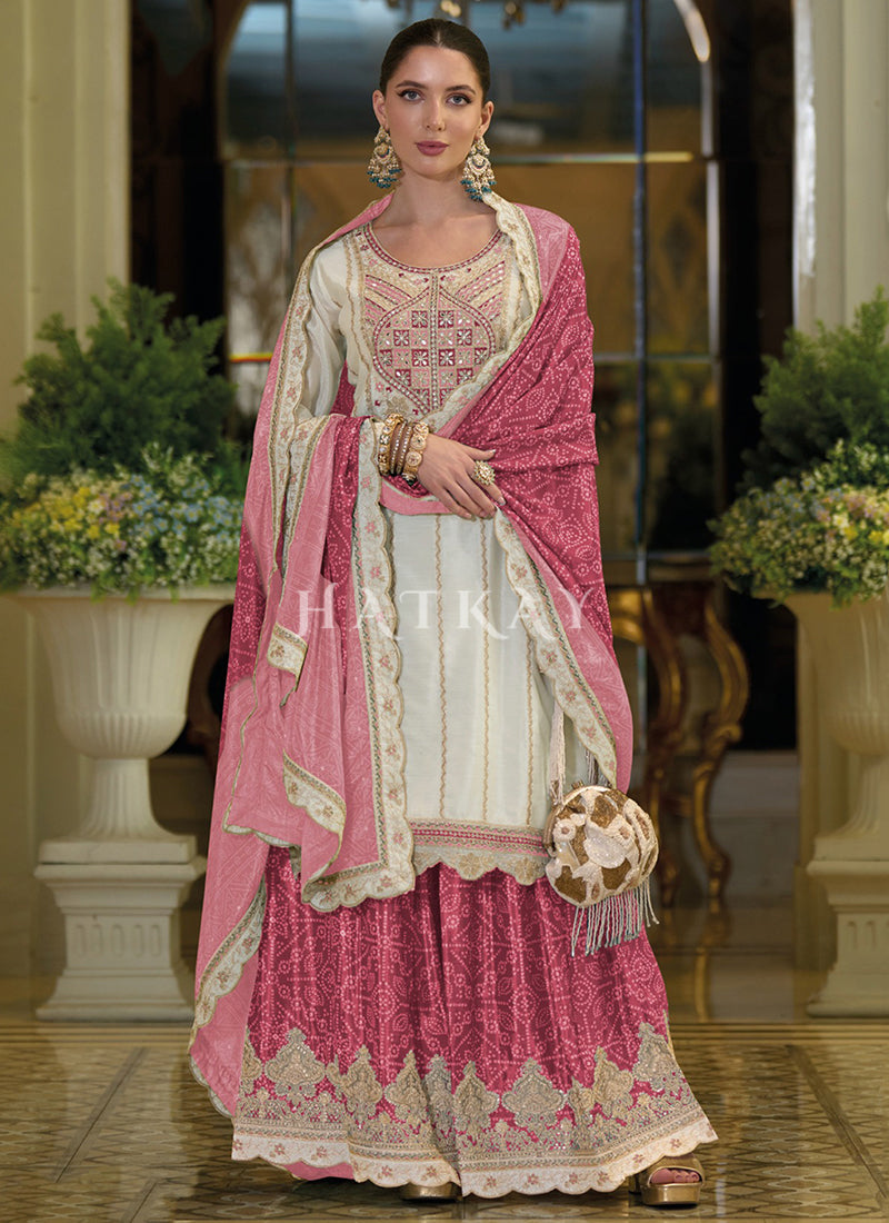 White And Pink Multi Embroidery Sharara Suit